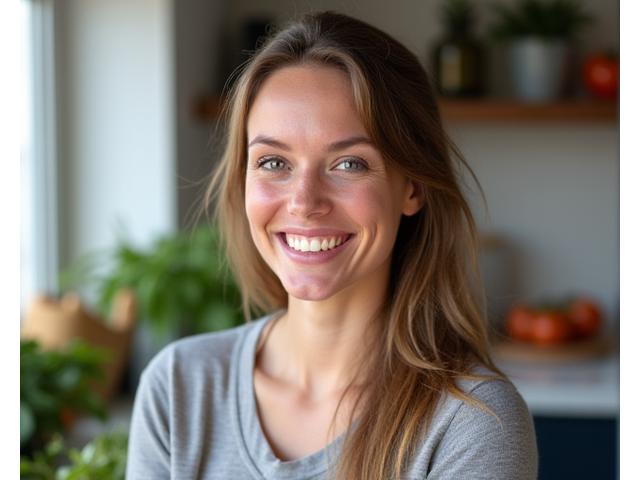 Portrait of Sarah Jensen, a nutritionist with a vibrant, approachable demeanor